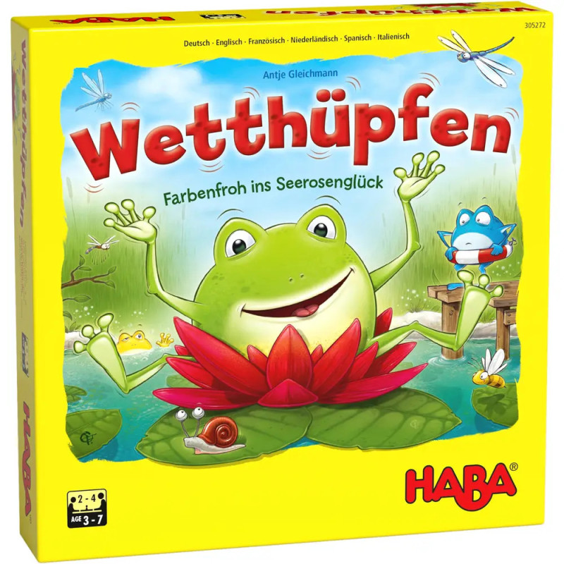 Gelbe HABA-Spielschachtel mit lächelndem Frosch auf Seerose und dem Titel Wetthüpfen in bunten Buchstaben. Gelbe HABA-Spielschachtel mit lächelndem Frosch auf Seerose und dem Titel Wetthüpfen in bunten Buchstaben.