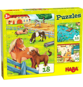 Gelbe HABA-Puzzle-Box mit Bauernhoftieren (Pferde, Enten, Scheunen), ab 3 Jahren, 12-18 Teile.