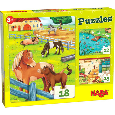 Gelbe HABA-Puzzle-Box mit Bauernhoftieren (Pferde, Enten, Scheunen), ab 3 Jahren, 12-18 Teile. Gelbe HABA-Puzzle-Box mit Bauernhoftieren (Pferde, Enten, Scheunen), ab 3 Jahren, 12-18 Teile.