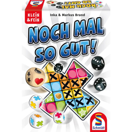 Noch Mal So Gut!-Spielschachtel mit bunten Würfeln, Wertungsblock und Schmidt Spiele Logo. Noch Mal So Gut!-Spielschachtel mit bunten Würfeln, Wertungsblock und Schmidt Spiele Logo.