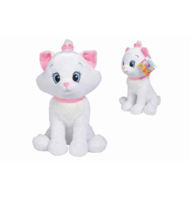 Zwei weiße Plüschkatzen mit rosa Ohren, Schleife und Halsband sitzen aufrecht vor weißem Hintergrund.