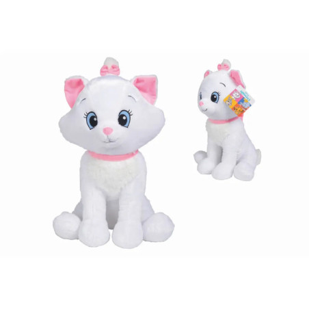 Zwei weiße Plüschkatzen mit rosa Ohren, Schleife und Halsband sitzen aufrecht vor weißem Hintergrund. Zwei weiße Plüschkatzen mit rosa Ohren, Schleife und Halsband sitzen aufrecht vor weißem Hintergrund.