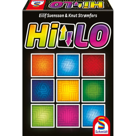 Hi Lo-Spielbox mit buntem Titel, 12 gemusterten Feldern und Schmidt-Logo unten rechts. Hi Lo-Spielbox mit buntem Titel, 12 gemusterten Feldern und Schmidt-Logo unten rechts.