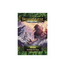 Buchcover von Beast Quest Legend: Arcta Bezwinger der Berge mit riesigem Ungeheuer und Junge in verschneiten Bergen.