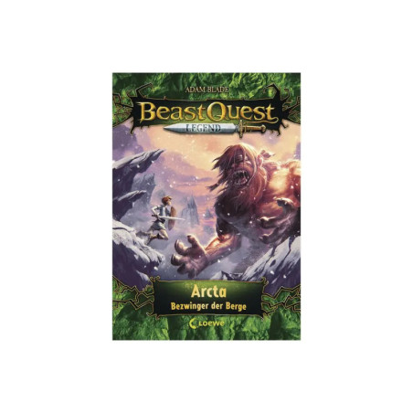 Buchcover von Beast Quest Legend: Arcta Bezwinger der Berge mit riesigem Ungeheuer und Junge in verschneiten Bergen.