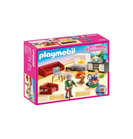 Playmobil Dollhouse Set mit 36 Teilen, abgebildet sind Wohnzimmermöbel und zwei Figuren auf der Verpackung.