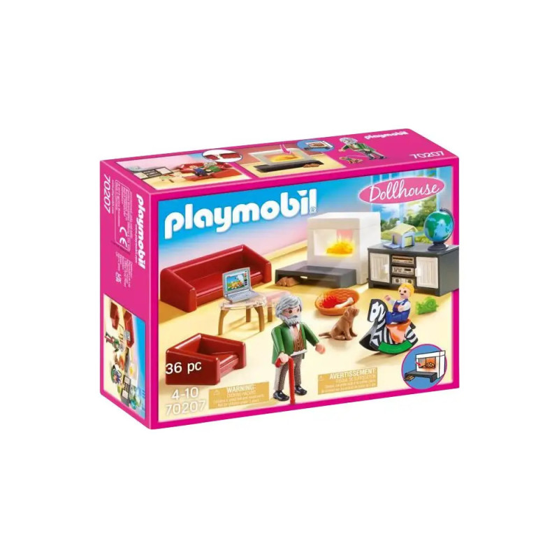 Playmobil Dollhouse Set mit 36 Teilen, abgebildet sind Wohnzimmermöbel und zwei Figuren auf der Verpackung.
