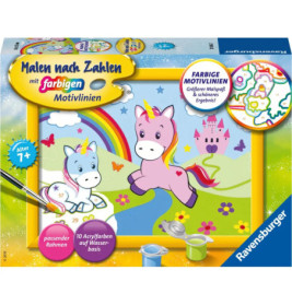 Malset mit Cartoon-Einhörnern, Regenbogen und buntem Hintergrund. Geeignet für Kinder ab 7 Jahren.