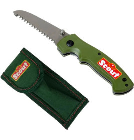 Klappsäge mit grünem Scout-Griff und passender grüner Stofftasche.