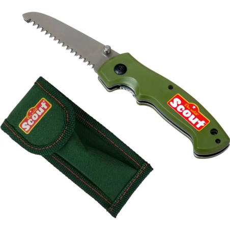 Klappsäge mit grünem Scout-Griff und passender grüner Stofftasche.