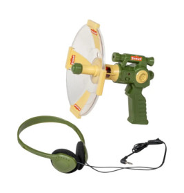 Spielzeug-Abhörgerät mit grünem Griff und passendem, kabelgebundenem Headset.