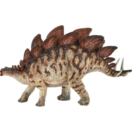 Modell eines Stegosaurus mit braunen Platten und Stachelschwanz, steht auf allen vieren.