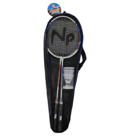Schwarze Badmintontasche mit sichtbarem Schläger und Federbällen.