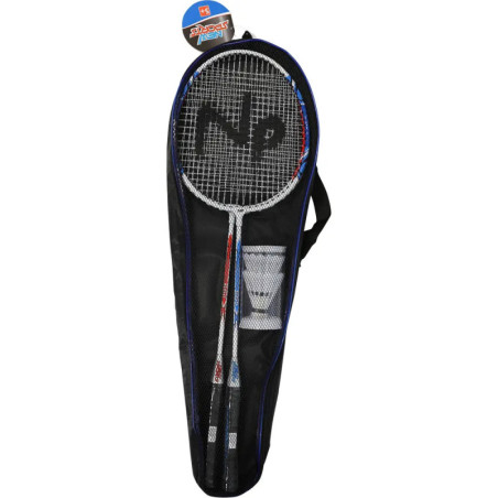 Schwarze Badmintontasche mit sichtbarem Schläger und Federbällen.