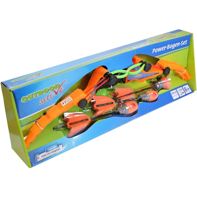 Spielzeug-Bogenschießset in Box mit orangem Bogen, Pfeilen mit Saugnapfspitzen und grüner Schutzbrille.