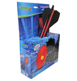 Outdoor-Spielzeugrakete mit roter Spitze, schwarzen Flossen, Marke Outdoor active, ab 6 Jahren geeignet, im Karton.