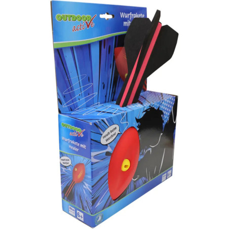 Outdoor-Spielzeugrakete mit roter Spitze, schwarzen Flossen, Marke Outdoor active, ab 6 Jahren geeignet, im Karton.
