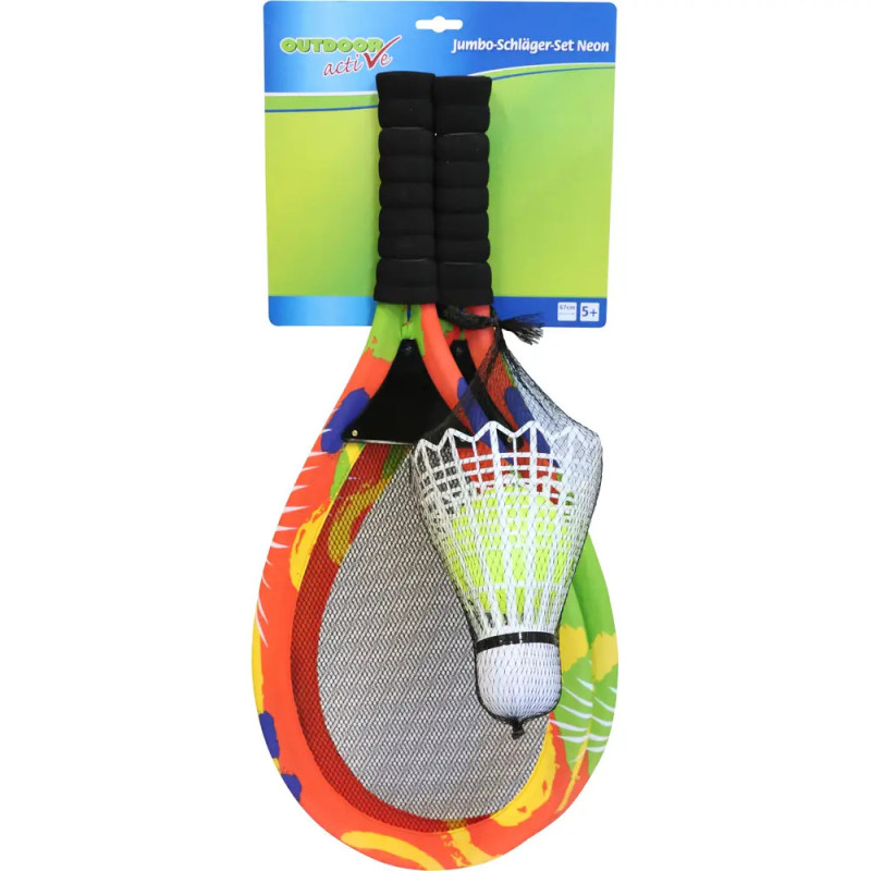 Zwei bunte Jumbo-Badmintonschläger und ein großer Federball, verpackt auf einer grünen Karte.