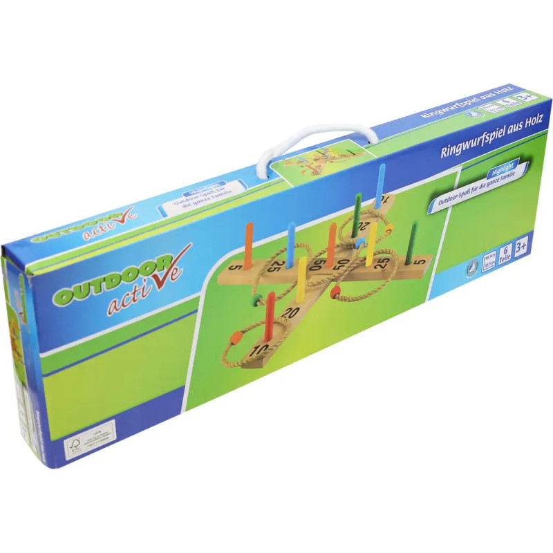 Box des Outdoor Active Wurfspiels aus Holz mit Abbildung des Spiels und bunten Ringen sowie Stäben. Box des Outdoor Active Wurfspiels aus Holz mit Abbildung des Spiels und bunten Ringen sowie Stäben.