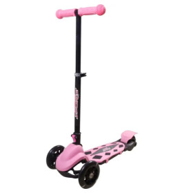 Pinkes Dreirad-Scooter mit schwarzen Details und T-Lenker vor weißem Hintergrund.