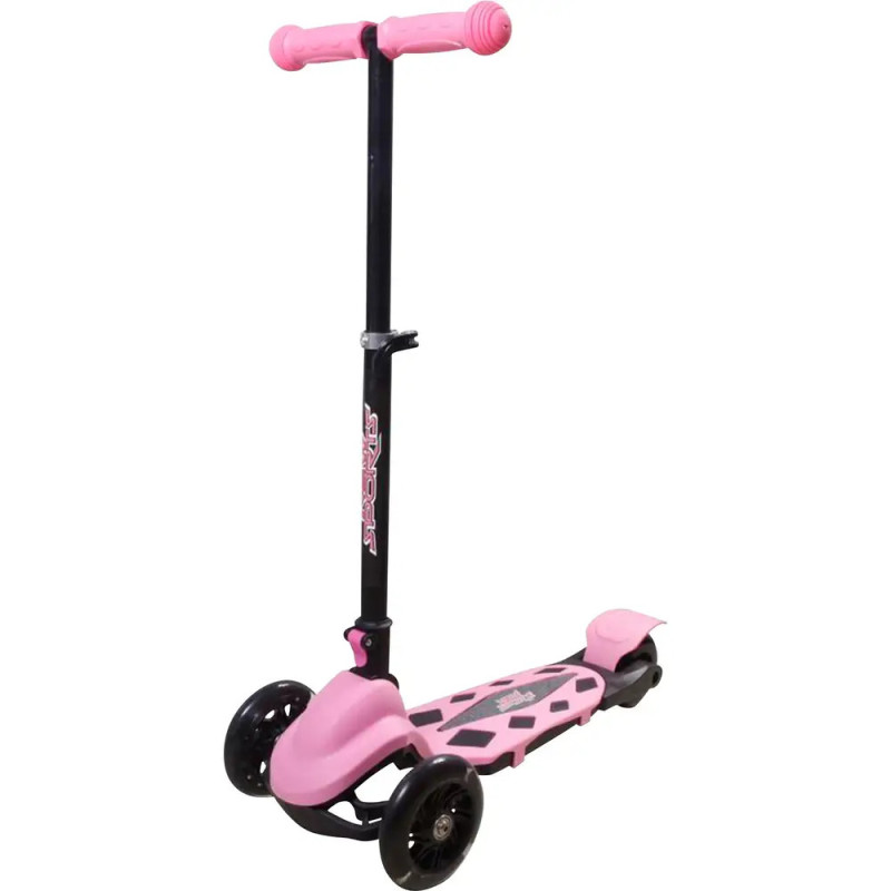 Pinkes Dreirad-Scooter mit schwarzen Details und T-Lenker vor weißem Hintergrund. Pinkes Dreirad-Scooter mit schwarzen Details und T-Lenker vor weißem Hintergrund.
