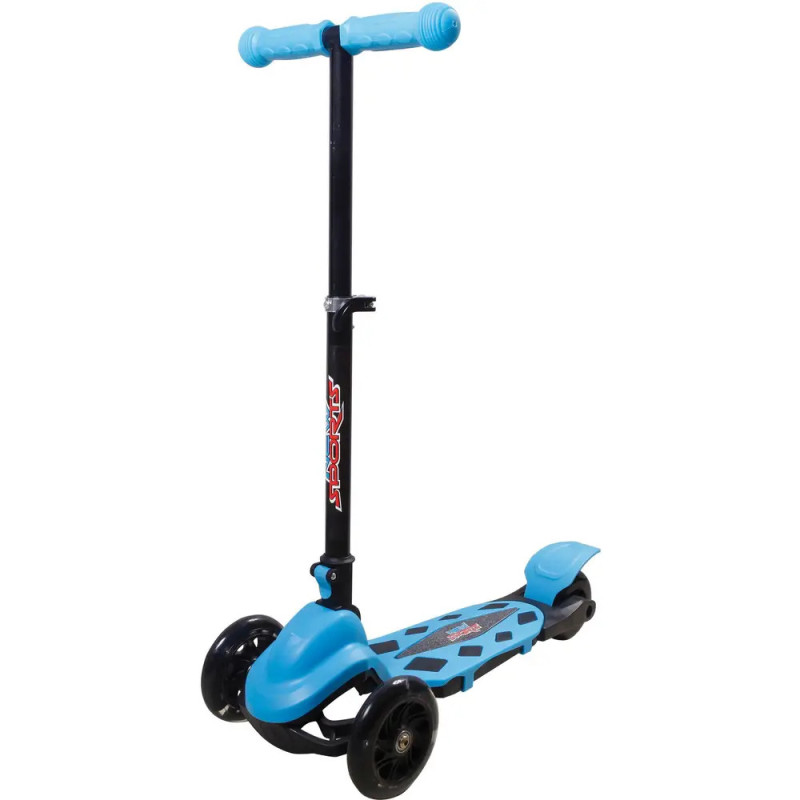 Blauer Dreirad-Tretroller mit schwarzem Lenker und Trittbrett, für Kinder konzipiert. Blauer Dreirad-Tretroller mit schwarzem Lenker und Trittbrett, für Kinder konzipiert.