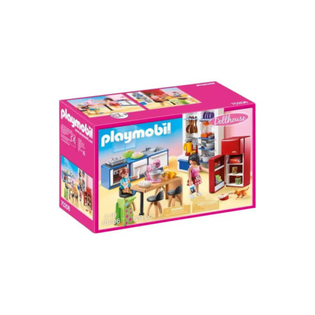 Playmobil Puppenhaus Küche: Spielset-Box mit abgebildetem Zubehör und Spielzeug auf der Verpackung. Playmobil Puppenhaus Küche: Spielset-Box mit abgebildetem Zubehör und Spielzeug auf der Verpackung.