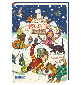 Kinder und magische Tiere spielen im Schnee auf dem bunten Buchcover Eingeschneit! von Margit Auer.