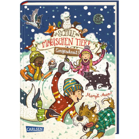 Kinder und magische Tiere spielen im Schnee auf dem bunten Buchcover Eingeschneit! von Margit Auer.
