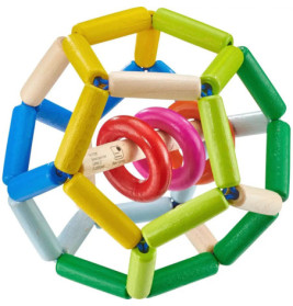 Buntes Holz-Babyspielzeug mit Stäben in Kugelform und Ringen in der Mitte.