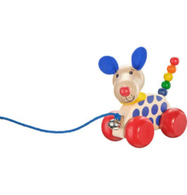 Holz-Ziehtier Hund mit roten Rädern, blauen Punkten und bunten Perlen am Schwanz.