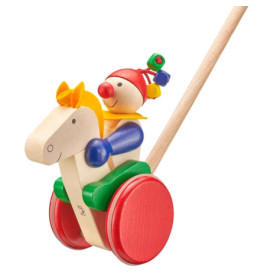Holz-Schiebespielzeug: Ein Clown reitet auf einem Pferd mit roten Rädern und angebrachtem Stabgriff.