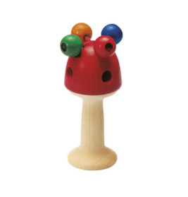 Holzspielzeug mit rotem Deckel, bunten Perlen und hellem Sockel in Form eines Pilzes.