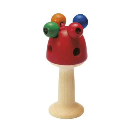 Holzspielzeug mit rotem Deckel, bunten Perlen und hellem Sockel in Form eines Pilzes. Holzspielzeug mit rotem Deckel, bunten Perlen und hellem Sockel in Form eines Pilzes.