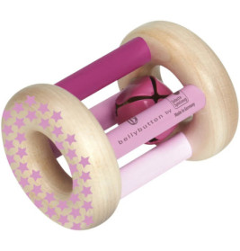 Holzrassel für Babys mit pink-lila Stäben, Sternmotiven und einer Glocke im Inneren.