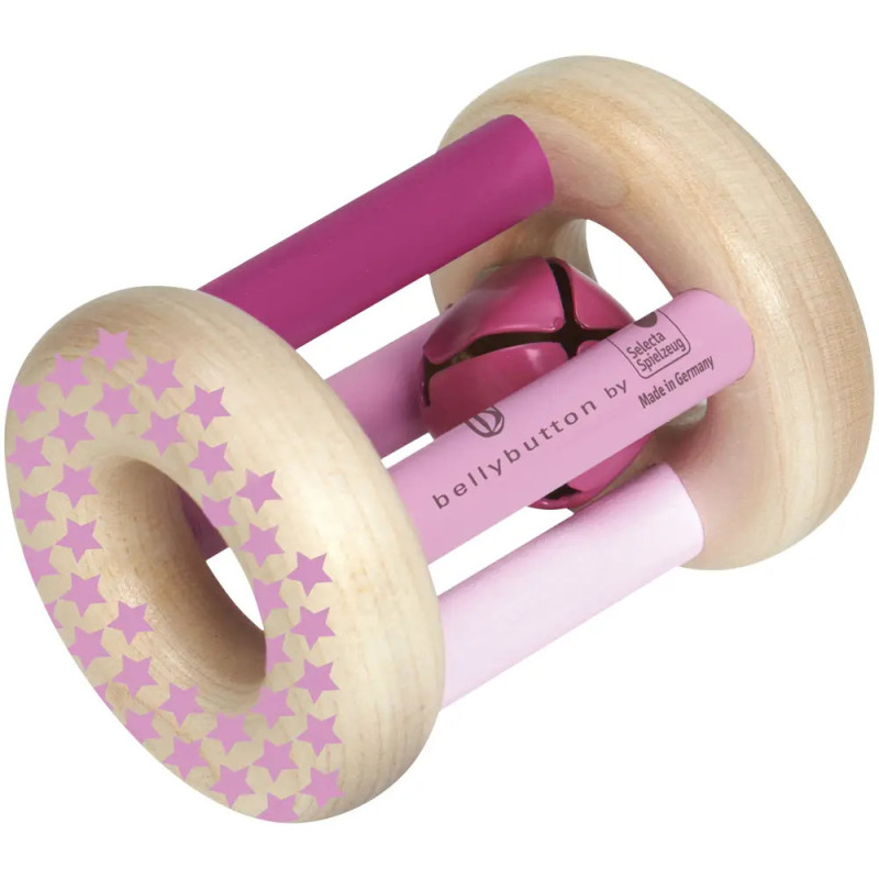 Holzrassel für Babys mit pink-lila Stäben, Sternmotiven und einer Glocke im Inneren. Holzrassel für Babys mit pink-lila Stäben, Sternmotiven und einer Glocke im Inneren.