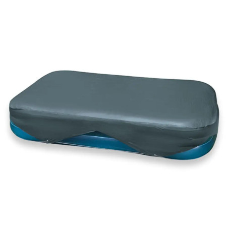 Eine dunkelgraue Abdeckung ist teilweise über ein rechteckiges, blaues Aufblasschwimmbecken gezogen.