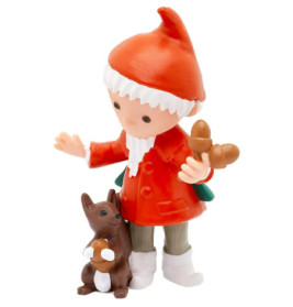 Wichtelfigur mit rotem Mantel und Hut hält Eicheln und steht neben einem kleinen braunen Eichhörnchen.