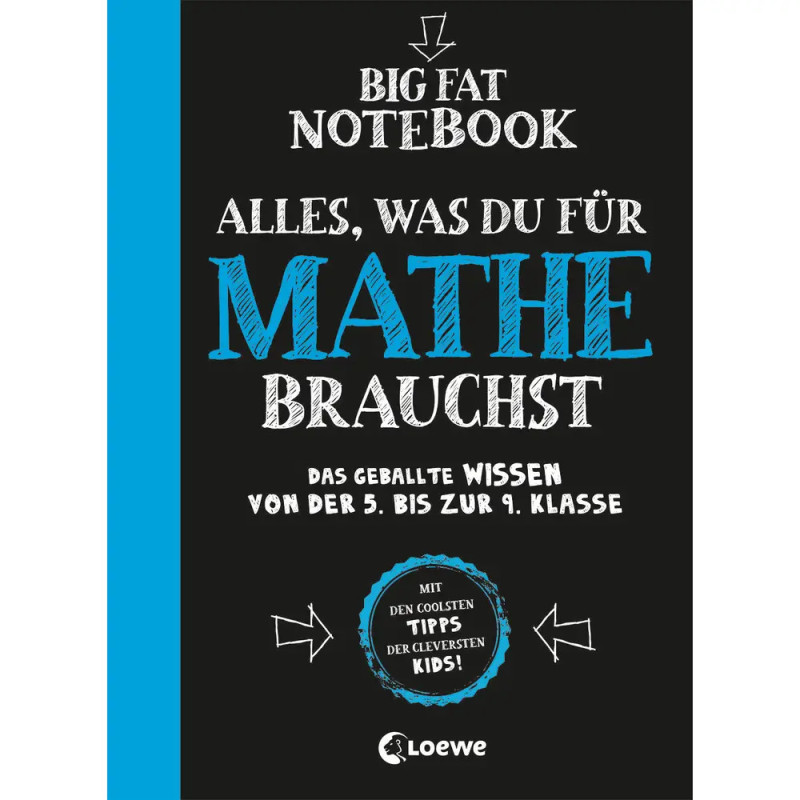 Umschlag von Big Fat Notebook - Alles, was du für Mathe brauchst in blauer und weißer Schrift auf schwarzem Grund. Umschlag von Big Fat Notebook - Alles, was du für Mathe brauchst in blauer und weißer Schrift auf schwarzem Grund.