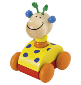 Holzspielzeugauto mit lächelndem Käfergesicht, blauen Punkten und orangefarbenen Rädern.