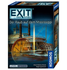 Boxcover des Spiels EXIT: Der Raub auf dem Mississippi mit Raddampfer auf einem Fluss bei Sonnenuntergang.