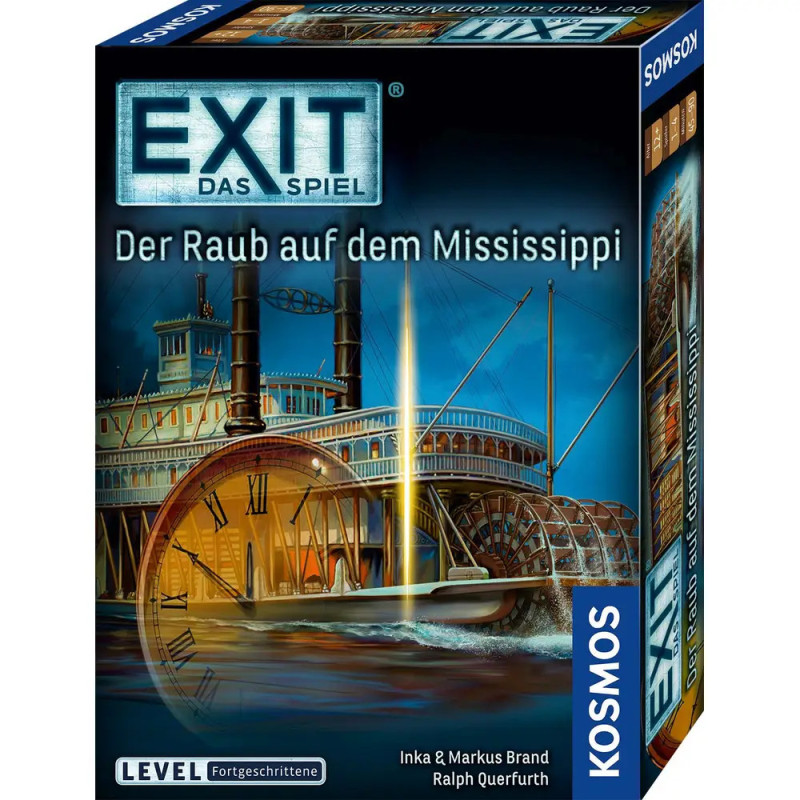 Boxcover des Spiels EXIT: Der Raub auf dem Mississippi mit Raddampfer auf einem Fluss bei Sonnenuntergang. Boxcover des Spiels EXIT: Der Raub auf dem Mississippi mit Raddampfer auf einem Fluss bei Sonnenuntergang.