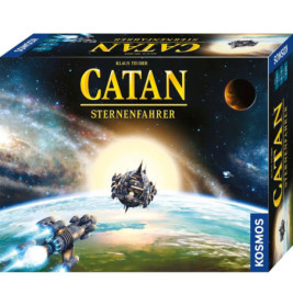 Catan: Sternenfahrer Spieleschachtel mit Raumschiffen und Planeten in einer kosmischen Szenerie.