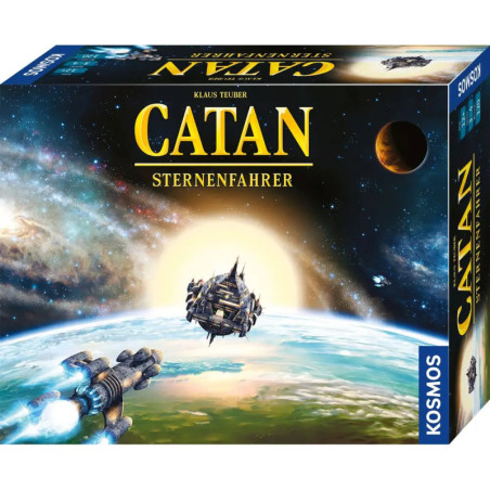 Catan: Sternenfahrer Spieleschachtel mit Raumschiffen und Planeten in einer kosmischen Szenerie. Catan: Sternenfahrer Spieleschachtel mit Raumschiffen und Planeten in einer kosmischen Szenerie.