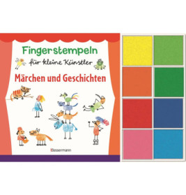Kinder-Fingerabdruckset mit deutschem Titel und acht bunten Stempelkissen auf der rechten Seite.