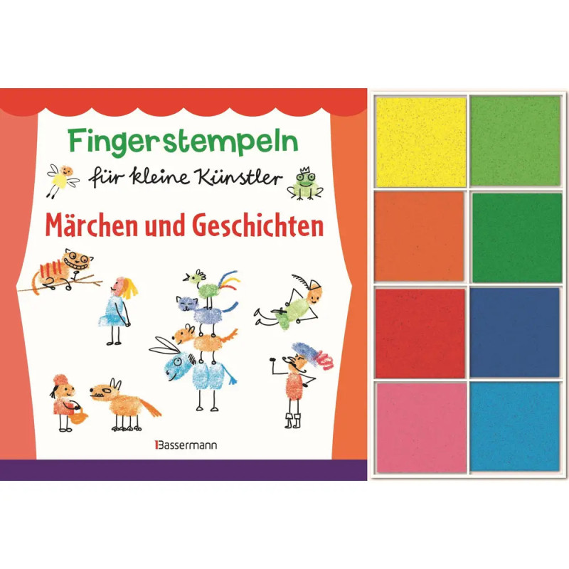 Kinder-Fingerabdruckset mit deutschem Titel und acht bunten Stempelkissen auf der rechten Seite.