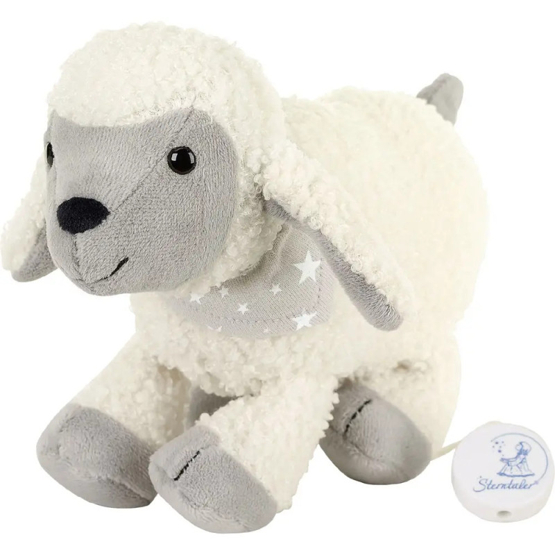 Plüschschaf mit grauem Gesicht, Ohren und Beinen, trägt einen Schal mit weißen Sternen und hat ein Zugband.