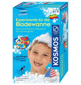 Bunte Badeexperiment-Box mit lächelndem Kind, Seifenblasenhut und verspielten Wasser-Grafiken.