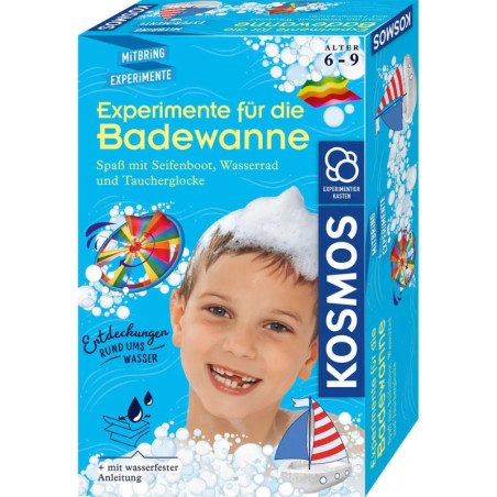 Bunte Badeexperiment-Box mit lächelndem Kind, Seifenblasenhut und verspielten Wasser-Grafiken. Bunte Badeexperiment-Box mit lächelndem Kind, Seifenblasenhut und verspielten Wasser-Grafiken.