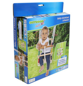 Verpackung mit Bild eines Babys in einer Holzschaukel im Freien Produkttext auf Deutsch.